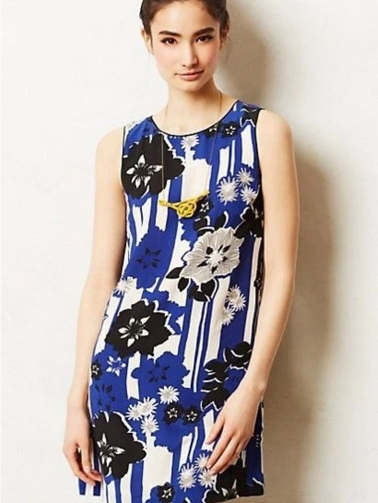 Maeve Dresses & Skirts - Maeve Silk Canna Shift Dress Sizes 0P Blue Motif ANTHROPOLOGIE Preppy Business